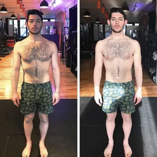 Side-by-side comparison of a shirtless man standing indoors in different lighting and shorts styles.