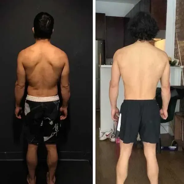 Side-by-side back-view fitness progress photos of a man in black shorts, indoors.