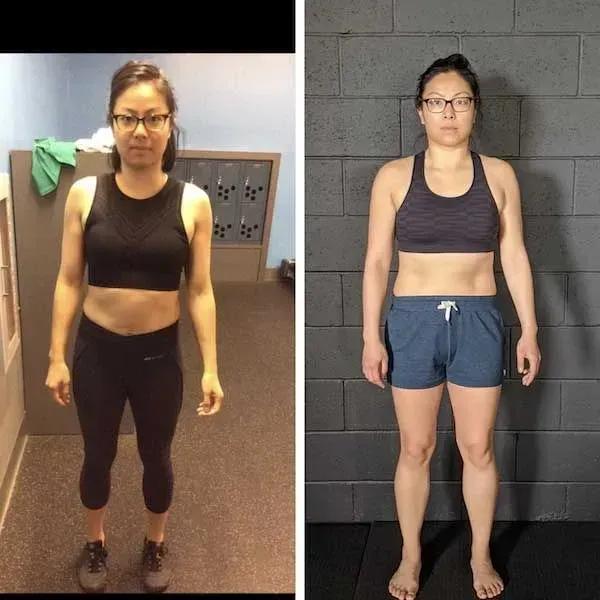 Side-by-side fitness progress photos of the same person in workout clothes, standing against indoor backdrops.