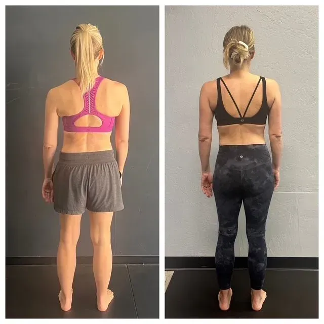 Two back-view fitness photos of a person in workout clothes, standing against a plain wall.