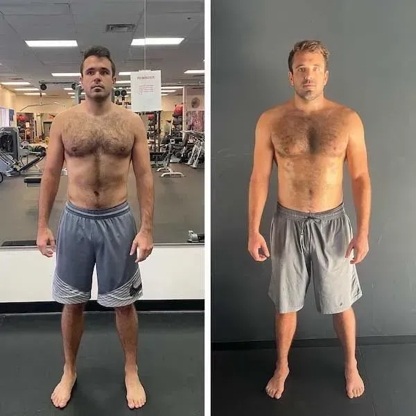Side-by-side gym photos of a shirtless man in shorts, showing a before-and-after body transformation.
