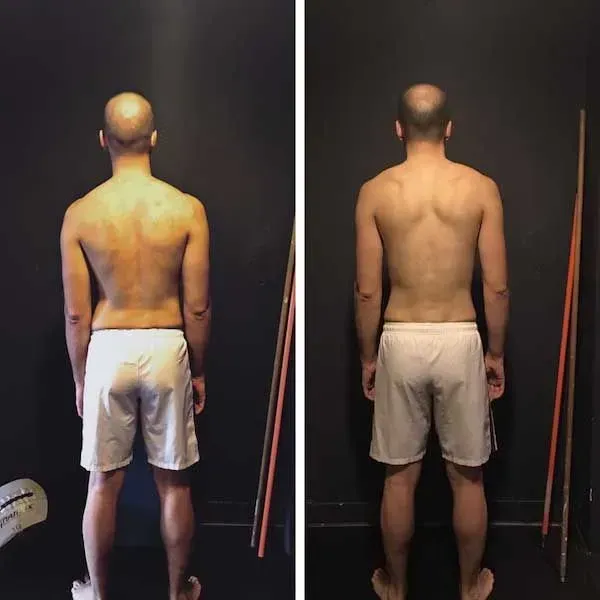 Back view comparison of a shirtless person before and after body transformation, standing against a dark background