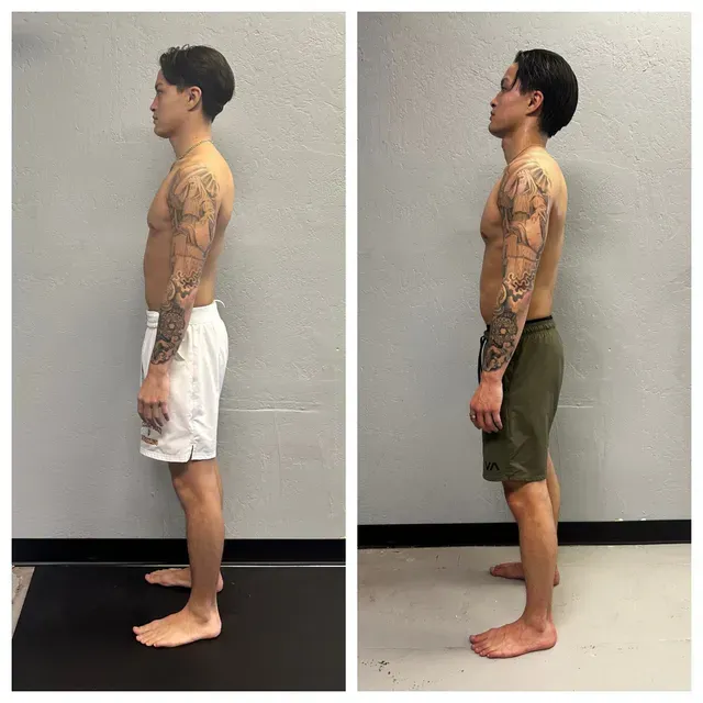 Side-by-side profile photos of a tattooed person standing barefoot in different shorts against a plain wall.
