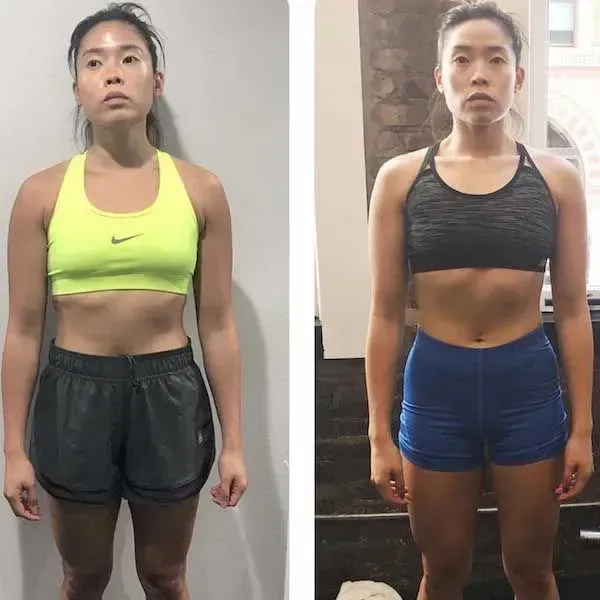 Side-by-side fitness progress photos of a person standing indoors, wearing sportswear.
