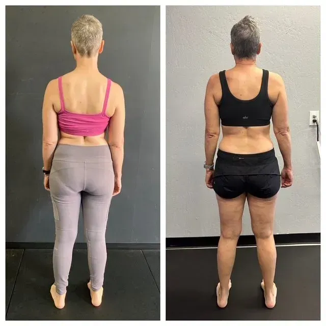 Side-by-side back-view photos of a person before and after weight loss, in workout clothes