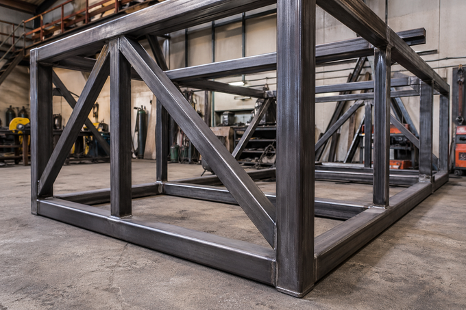 Struttura industriale in acciaio all'interno di un'officina, con supporti diagonali e travi saldate.