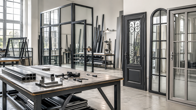 Showroom in stile loft con tavoli industriali, porte in vetro con cornice nera e ampie finestre.