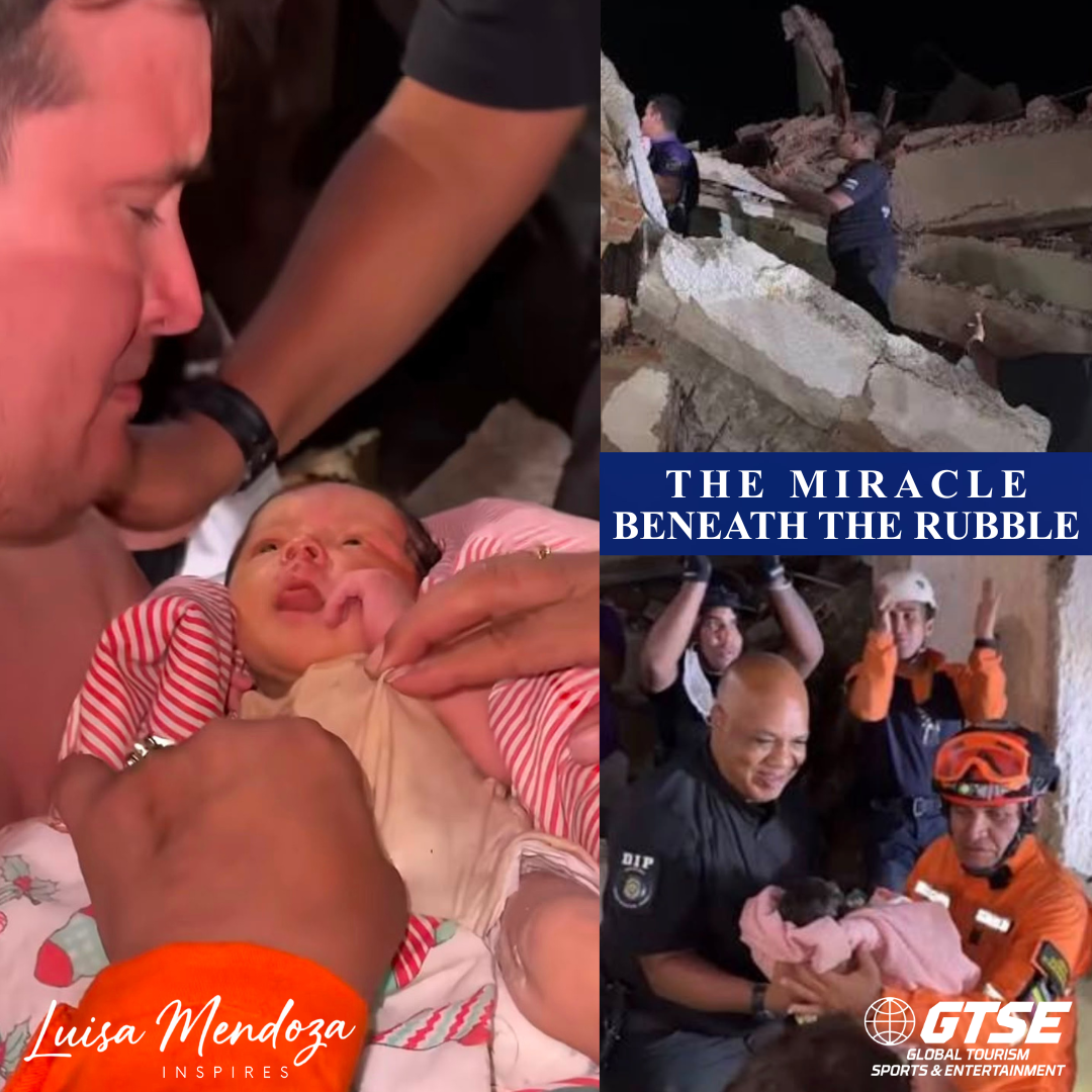 Rescue collage: baby held by man, rubble disaster scene, and responders with text “The Miracle Beneath the Rubble.”
