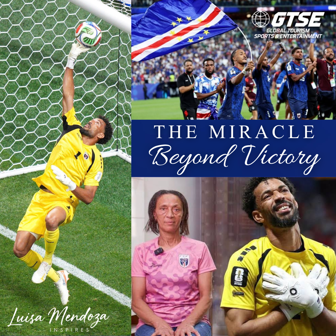 Soccer collage: goalkeeper diving for a save, team celebration, and title “The Miracle Beyond Victory”