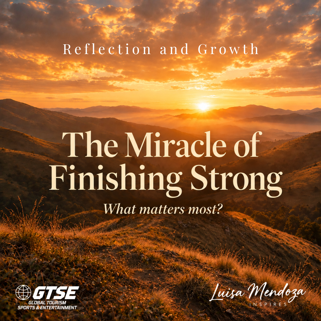 Sunset over golden hills with text: “The Miracle of Finishing Strong” and “Reflection and Growth”