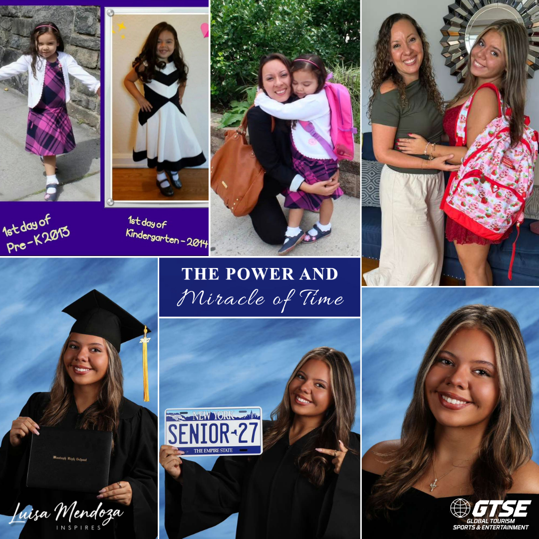 Collage of a student in formal outfits and graduation cap, with school-themed portraits and senior quote text.