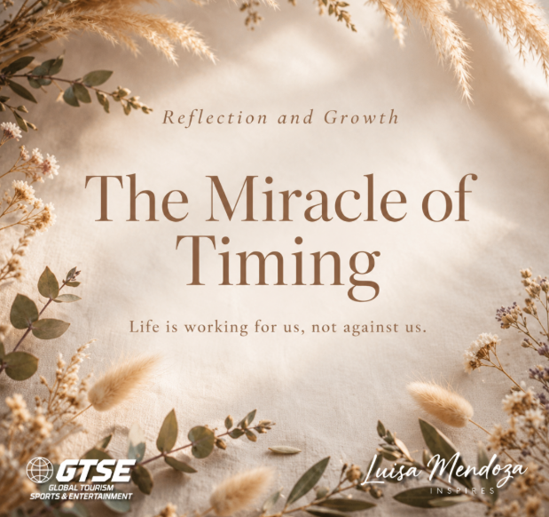 Cream floral quote graphic reading “The Miracle of Timing” with the line “Life is working for us, not against us.”
