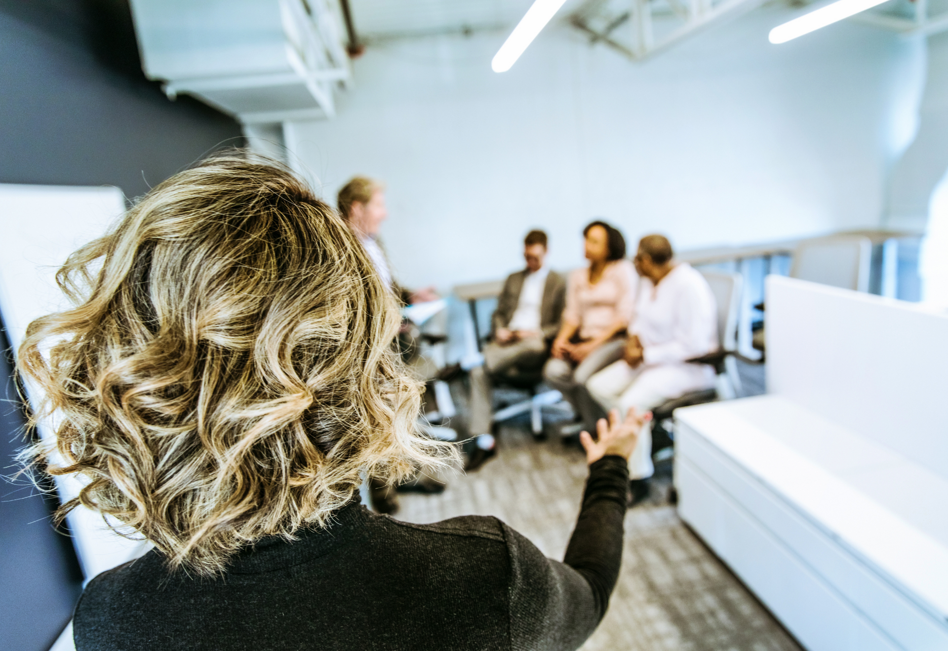 Person with curly blonde hair speaks to a seated group in a bright office meeting room.