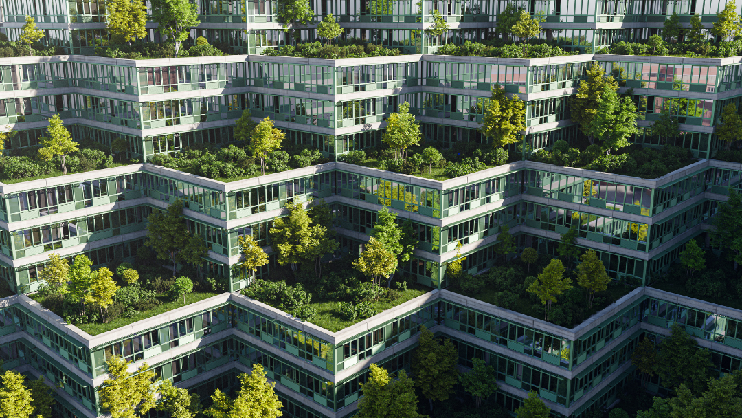 Modern terraced buildings covered in lush greenery and trees, creating a dense urban garden landscape