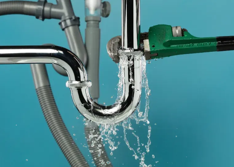 Plumber unclogging a shiny sink drain with water splashing around the U-shaped pipe