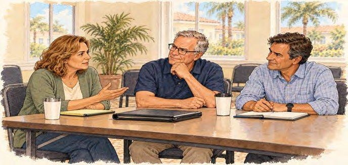 Illustration of three board directors discussing an owner concern at a meeting table