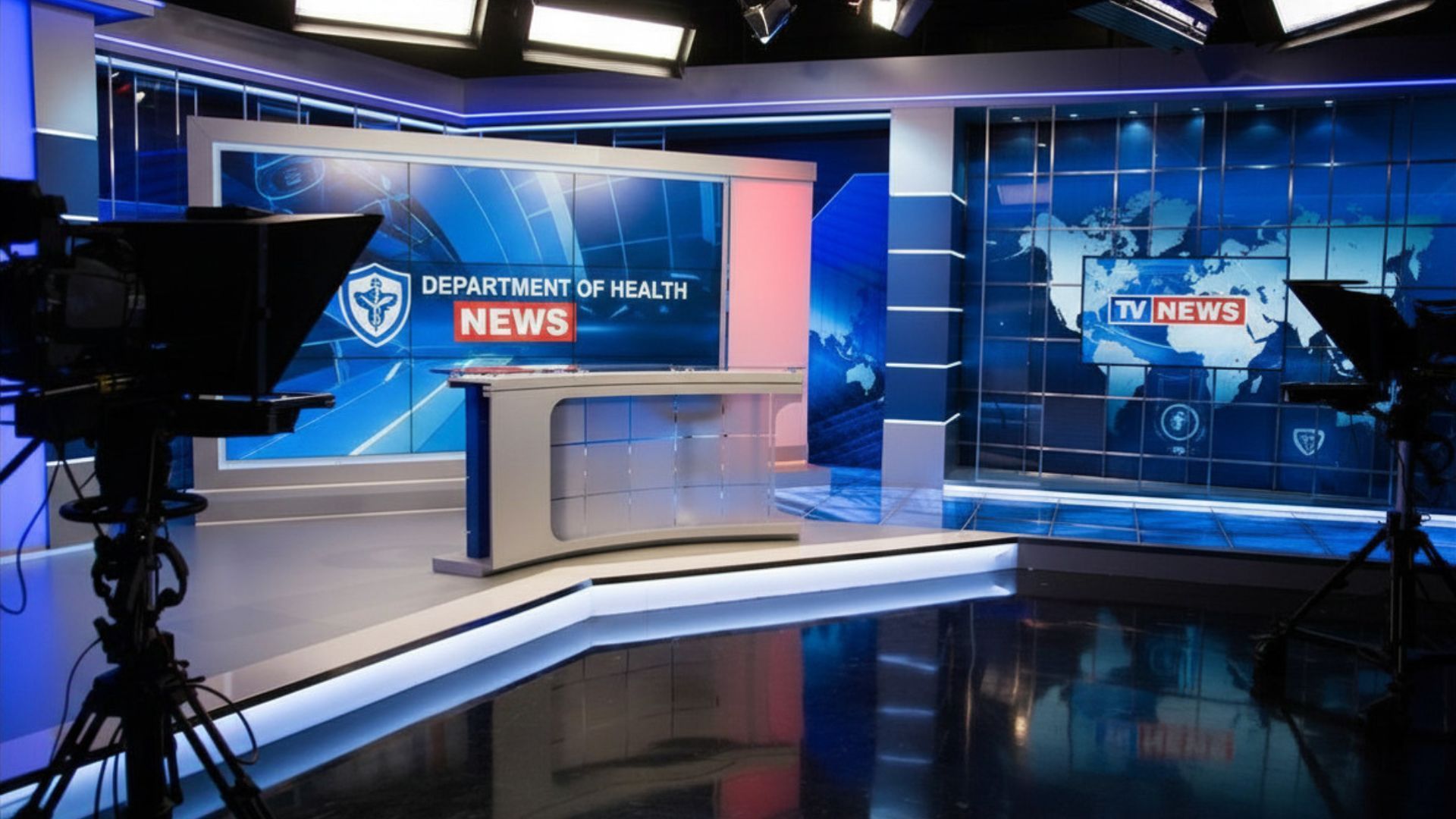 TV news studio with blue screens, desk, teleprompter cameras, and bright overhead lights