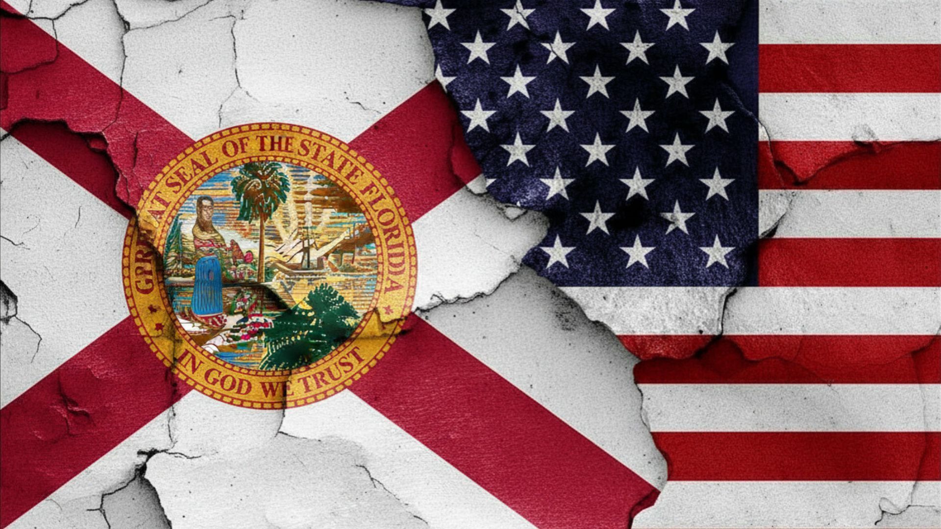 Florida state flag overlaid with the U.S. flag on a cracked white background