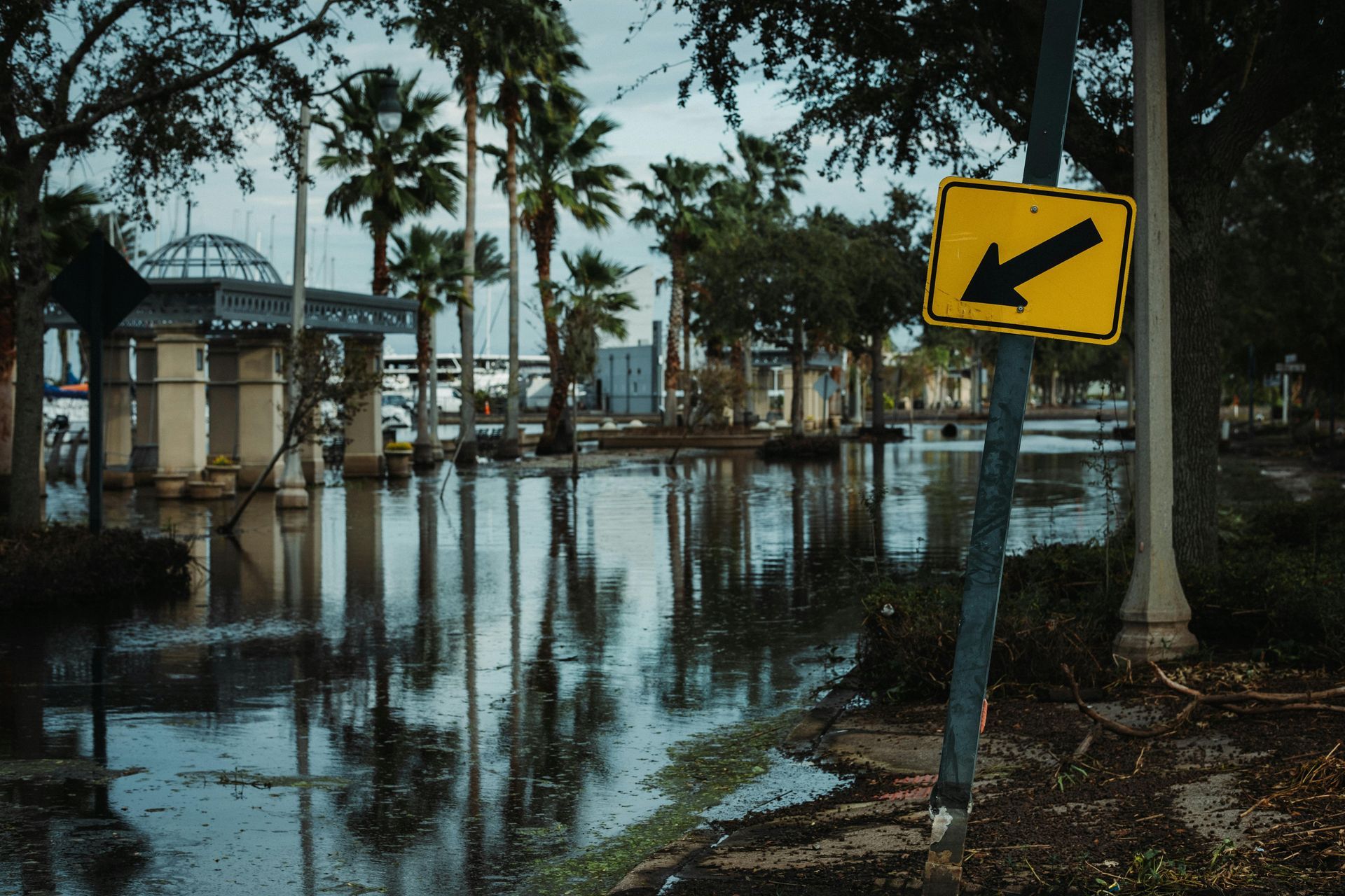 Flooded street with palm trees and a yellow left-arrow road sign.