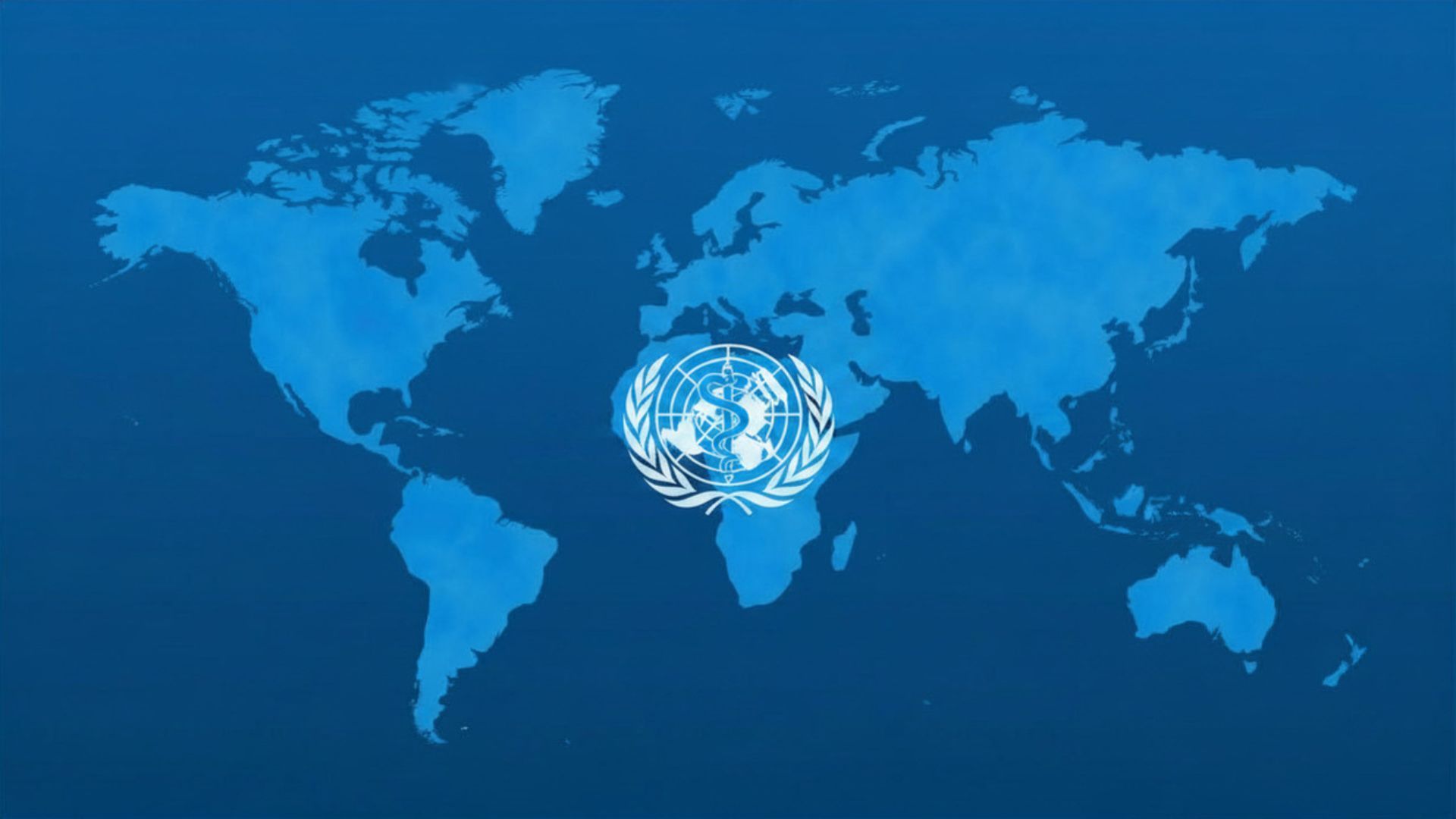 Blue world map with the United Nations emblem centered over Africa/Europe