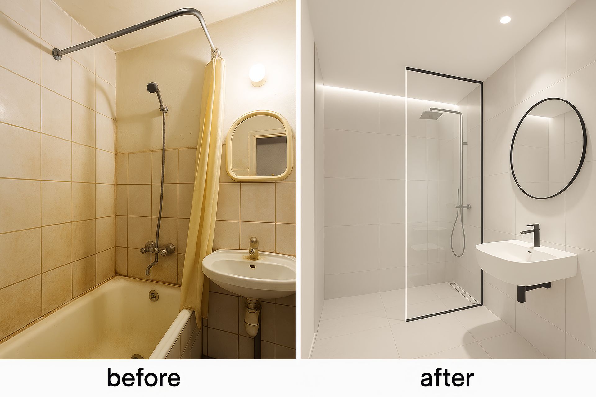 Before-and-after bathroom renovation: dated yellow tub and sink replaced by sleek white walk-in shower and vanity.