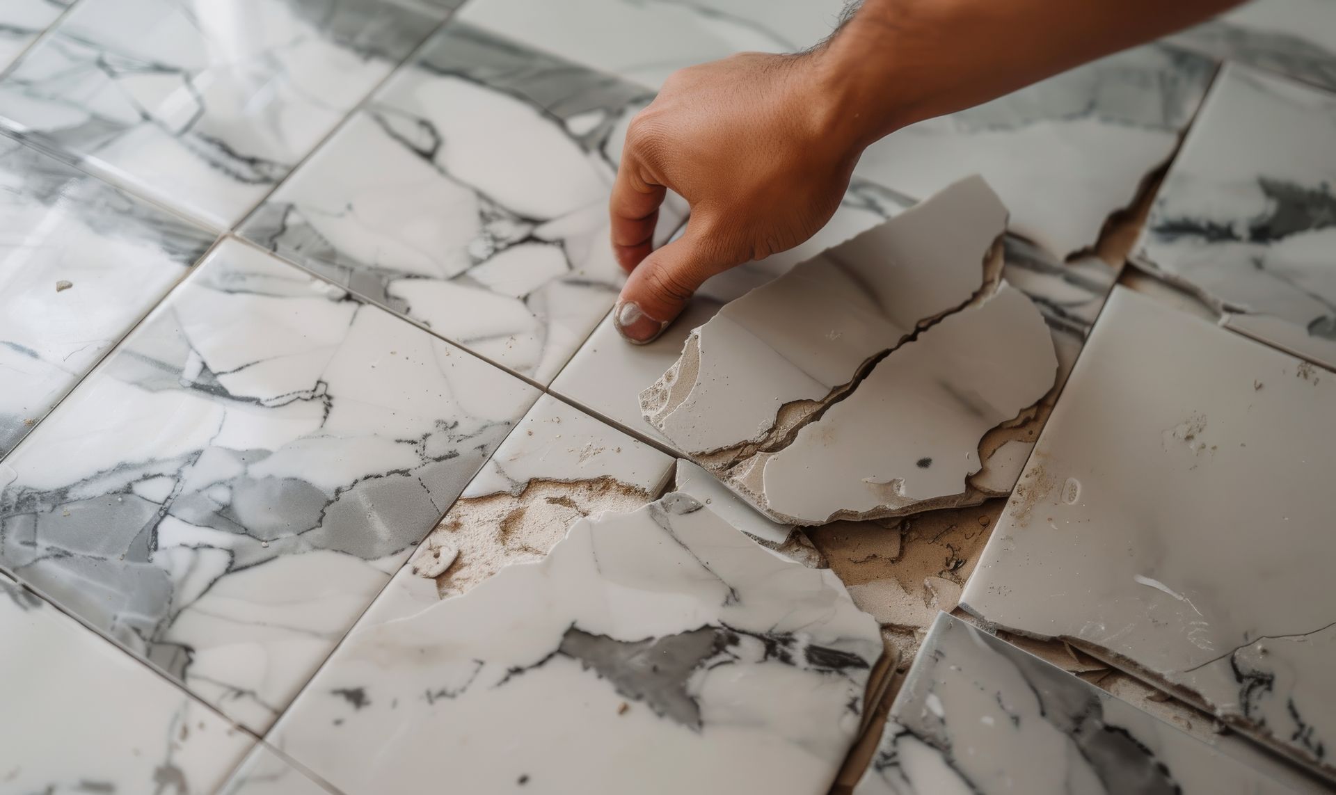 Hand placing a tile on a white marble-patterned floor during installation