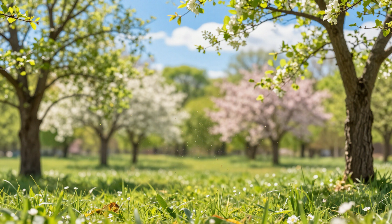 Sunlit spring orchard with blossoming trees and green grass under a blue sky