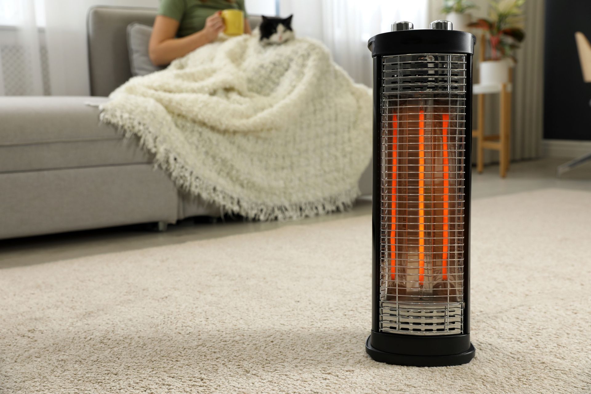 A woman is sitting on a couch with a cat next to a heater.