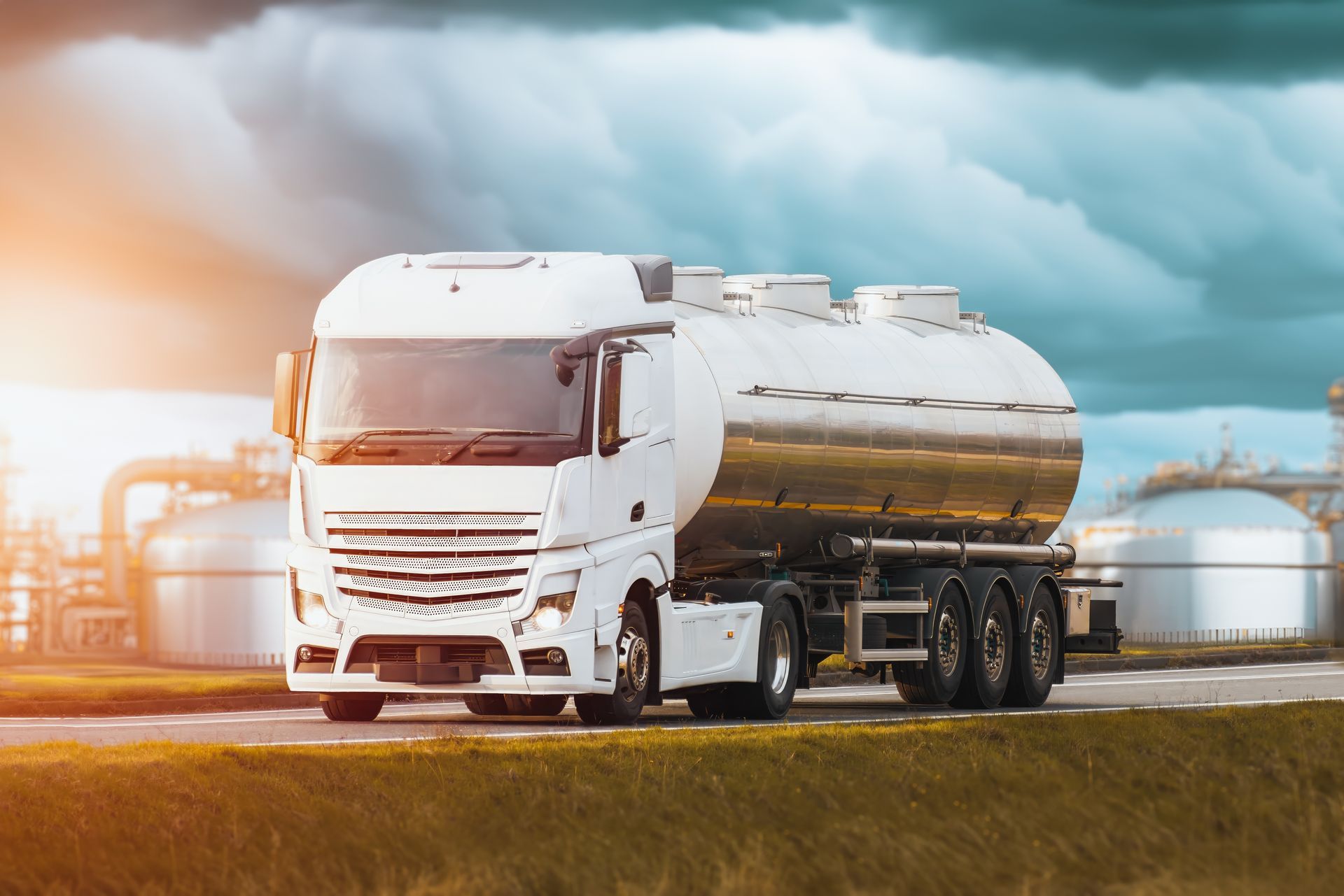 A white tanker truck is driving down a road.
