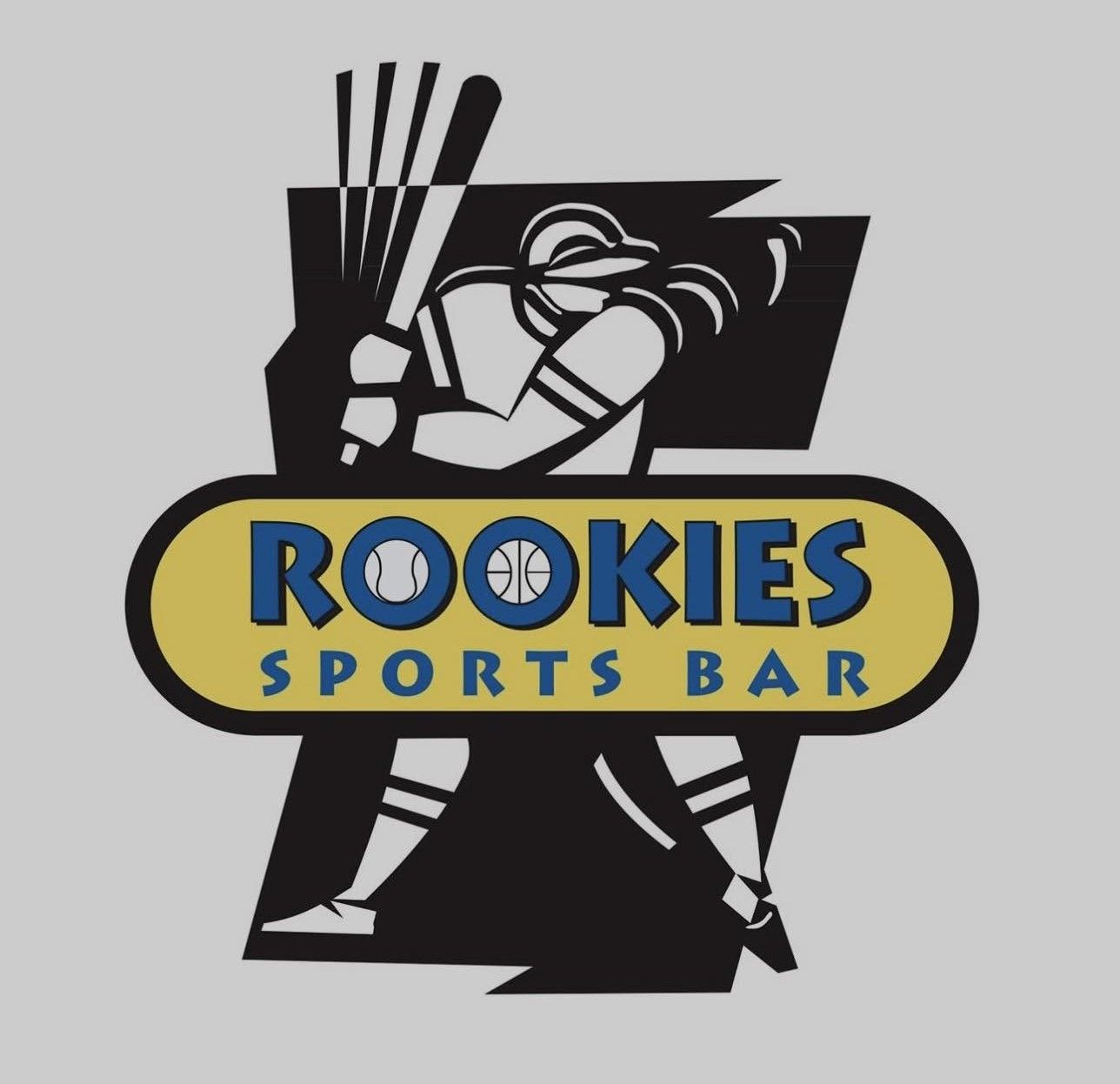 Rookies Sports Bar logo with stylized baseball player in black, white, and gold