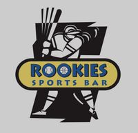 Rookies Sports Bar logo with stylized baseball player in black, white, and gold