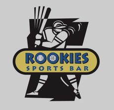 Rookies Sports Bar logo with stylized baseball player in black, white, and gold