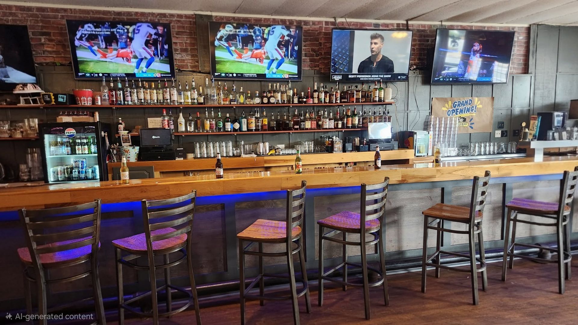 Empty sports bar with a wooden counter, high stools, and TVs showing games above the shelves.