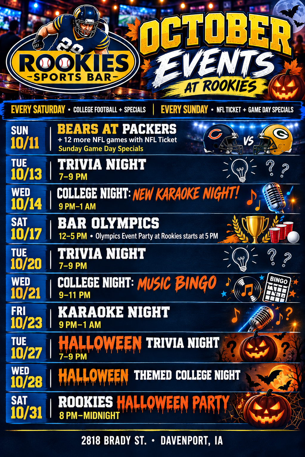 October events schedule poster for Rookies Sports Bar, with weekly themes, games, and Halloween party dates.