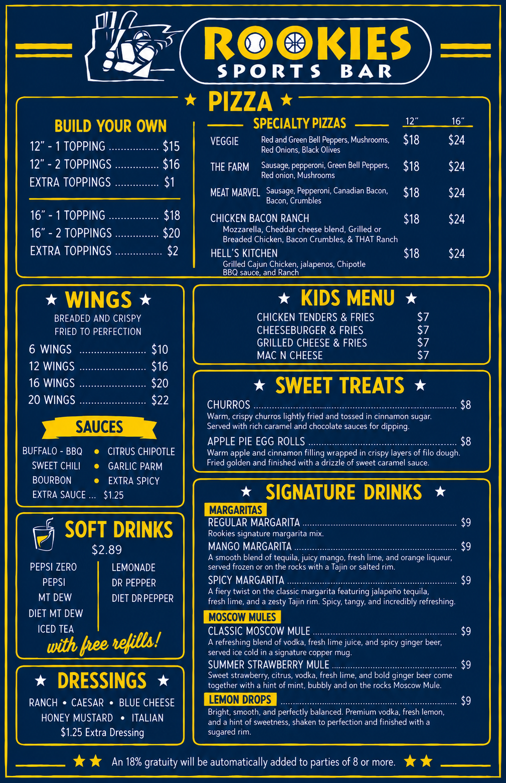 Blue-and-yellow Rookies Sports Bar menu board with pizza, wings, salads, drinks, kids’ menu, and sweet treats
