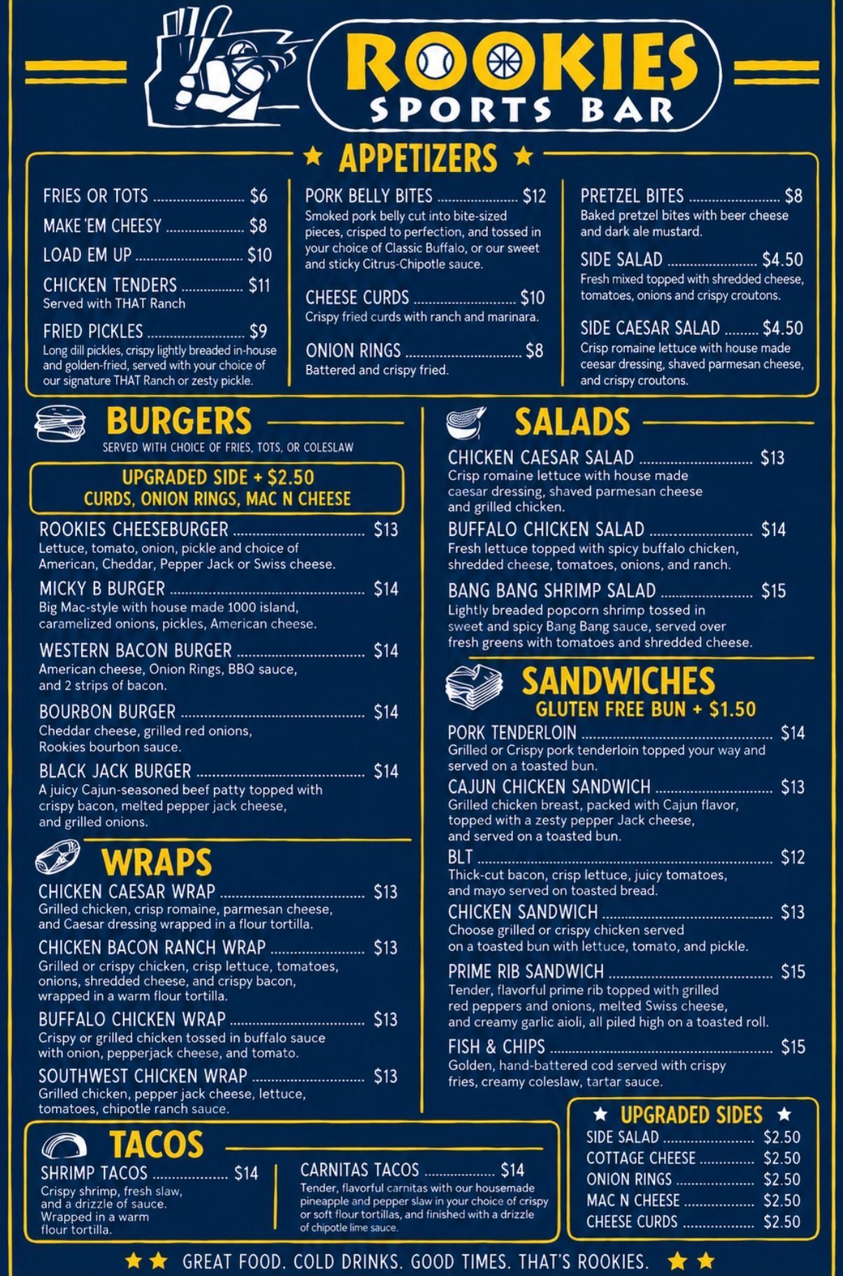 Rookies Sports Bar menu board with appetizers, burgers, salads, sandwiches, wraps, and tacos on a blue background