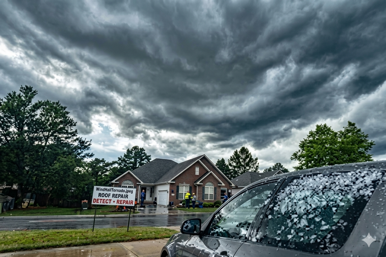 Stormy sky over suburban house with a wet parked car in the foreground and a real estate sign in the yard