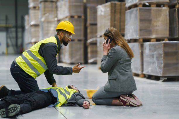 Warehouse workers giving first aid to an injured person while a woman calls for help