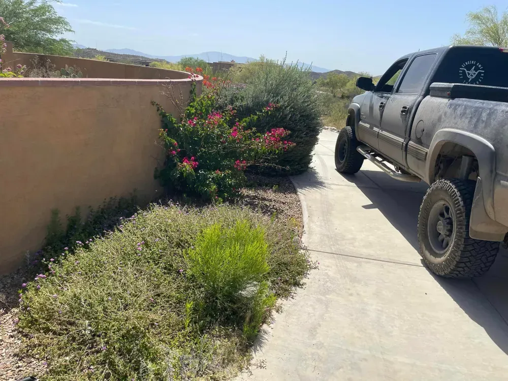 Gray pickup truck parked on a concrete driveway near a stucco wall with plants and desert landscape.