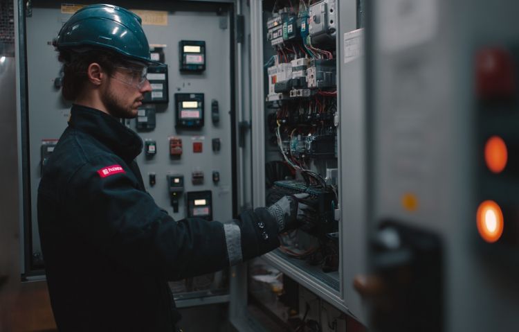 elevator technician inspecting control panel