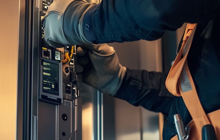 elevator technician inspecting and servicing the control panel