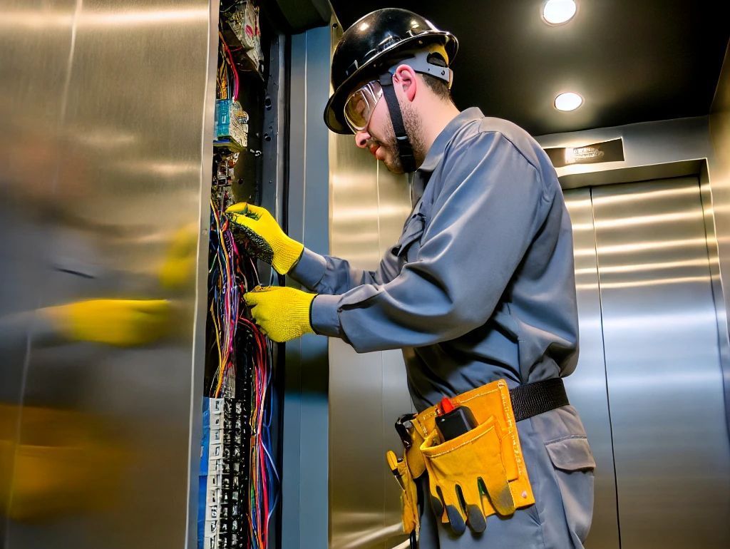 professional elevator technician servicing modern lift system