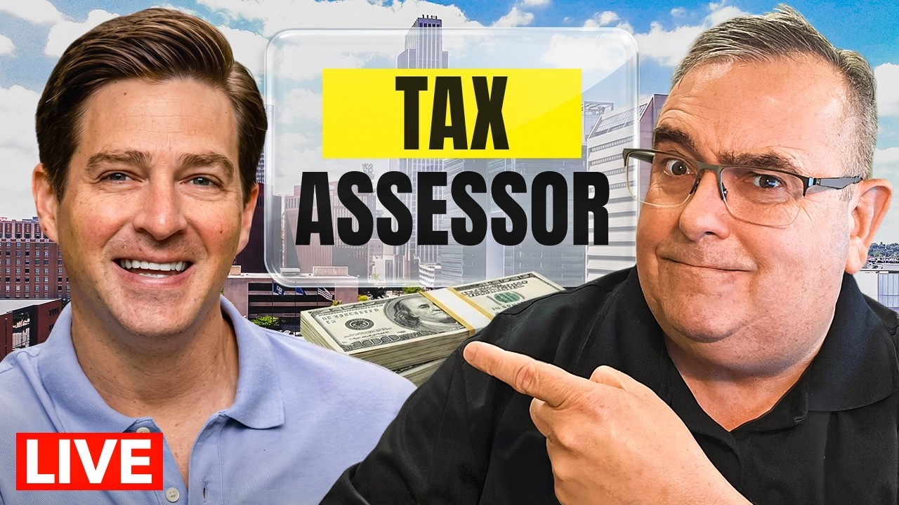 Two men in a live tax assessor thumbnail, one pointing at bold “TAX ASSESSOR” text over a city skyline
