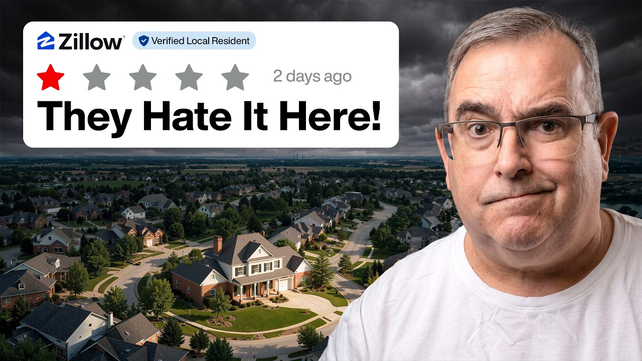 Zillow-style banner over aerial homes and a man’s portrait with text: “They Hate It Here!”