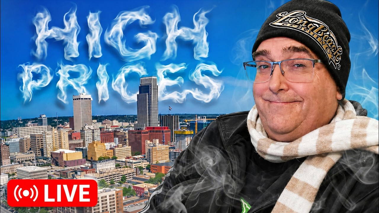 City skyline with “HIGH PRICES” text, a winter-clad man, and a red LIVE badge.