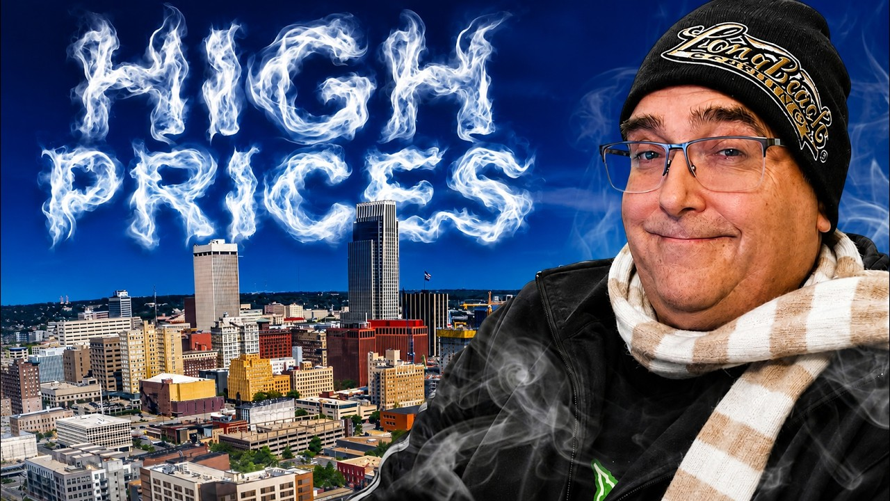 “High Prices” text over a snowy cityscape with a bundled-up man in a winter hat and scarf looking at the camera
