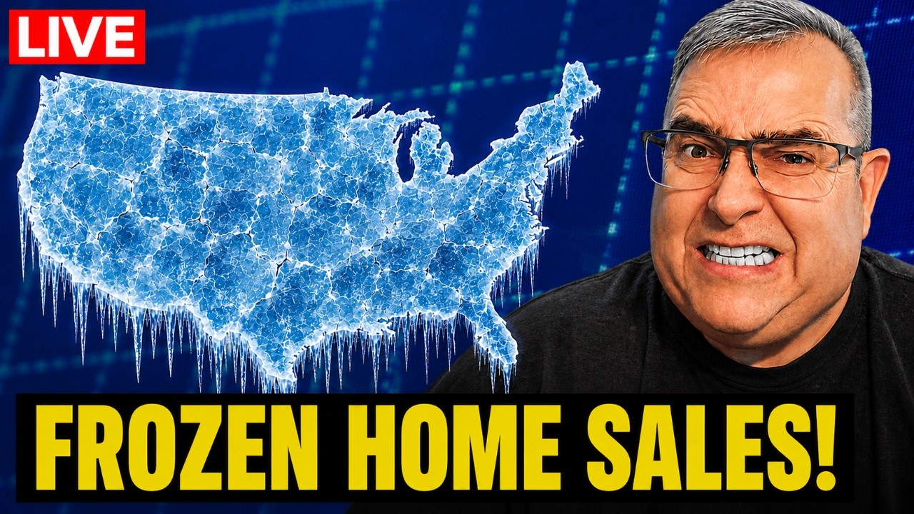 LIVE graphic with U.S. map and man’s face, text reads “FROZEN HOME SALES!”