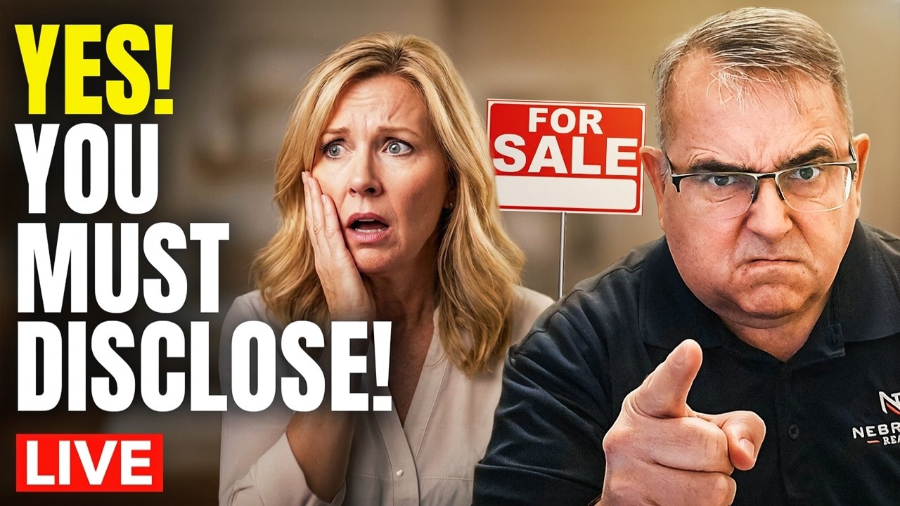 Two people beside a red “FOR SALE” sign, with bold text reading “YES! YOU MUST DISCLOSE! LIVE.”