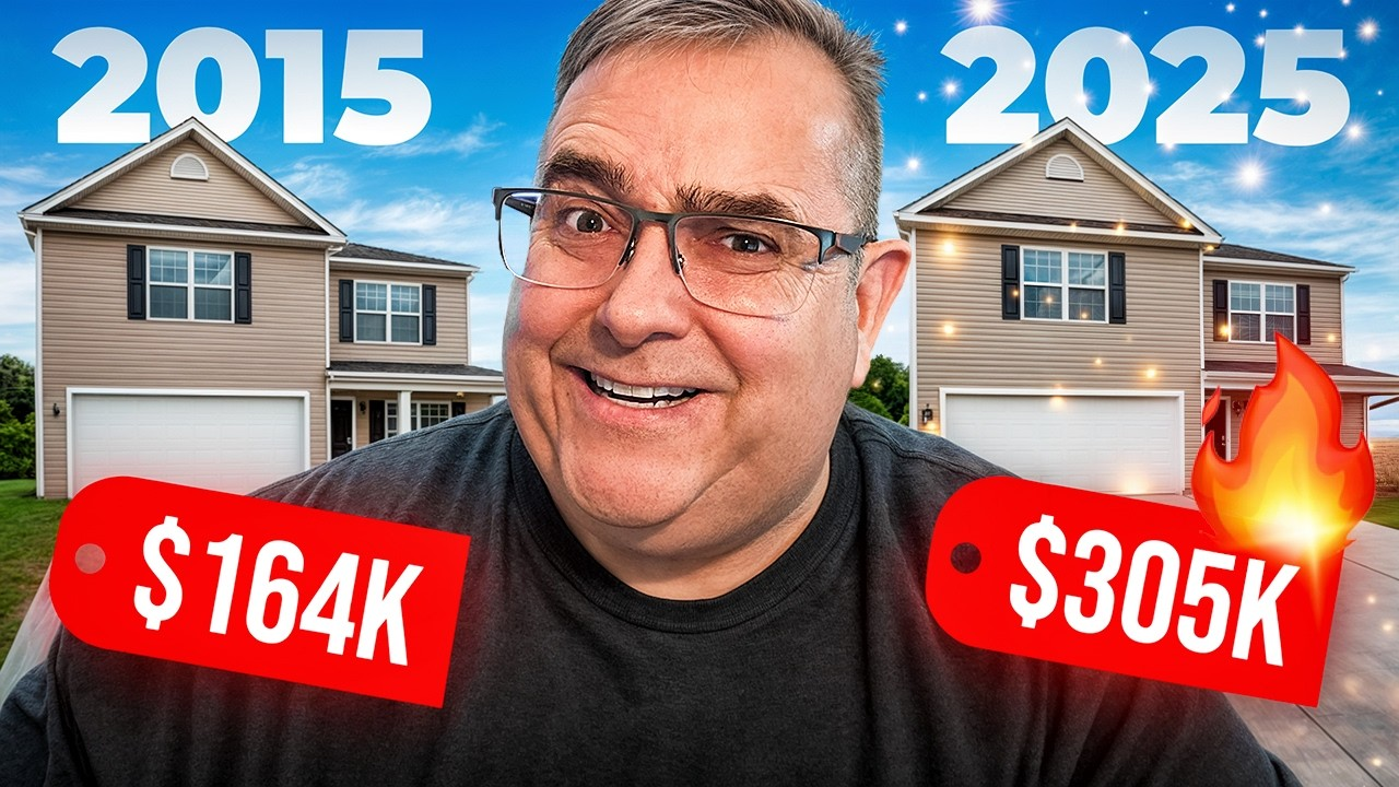 Man smiling between two houses labeled 2015 $164K and 2025 $305K, with a fire icon on the right.