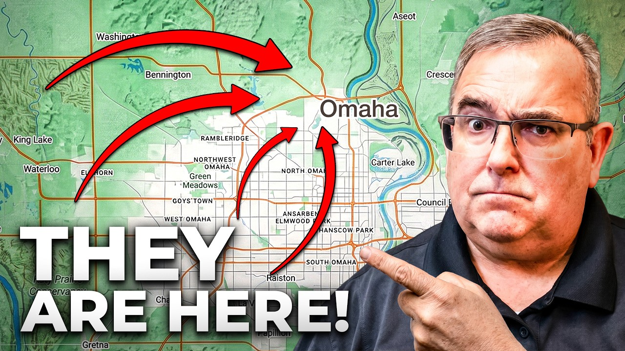 Man pointing at map of Nebraska with Omaha labeled, red arrows, and bold text “THEY ARE HERE!”